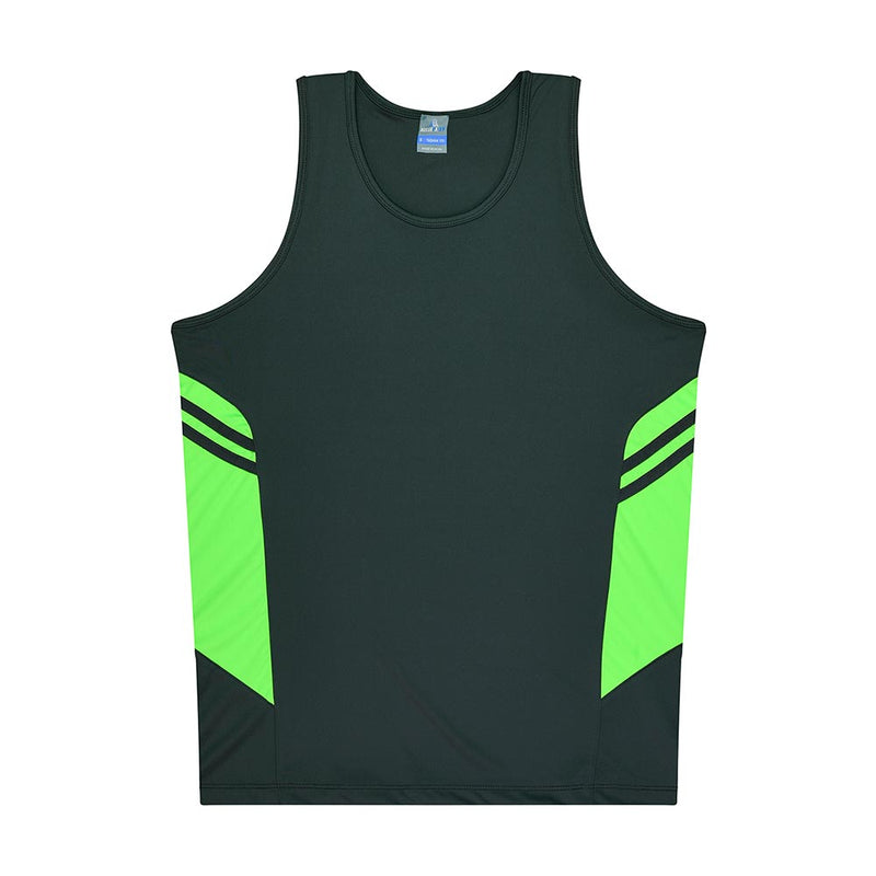 Load image into Gallery viewer, Tasman Mens Singlet, a lightweight, dark green athletic tank top with neon-green side panels and stripe accents, designed for performance with moisture-wicking, antibacterial fabric. Ideal for team uniforms from Active Safety.