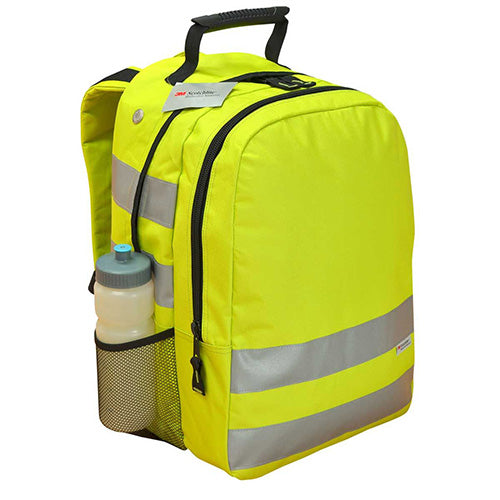 Hi Vis Backpack 35 Litres featuring a grey stripe, padded back, adjustable shoulder straps, reflective material, and multiple compartments, ideal for safety-conscious users needing durable, spacious storage.