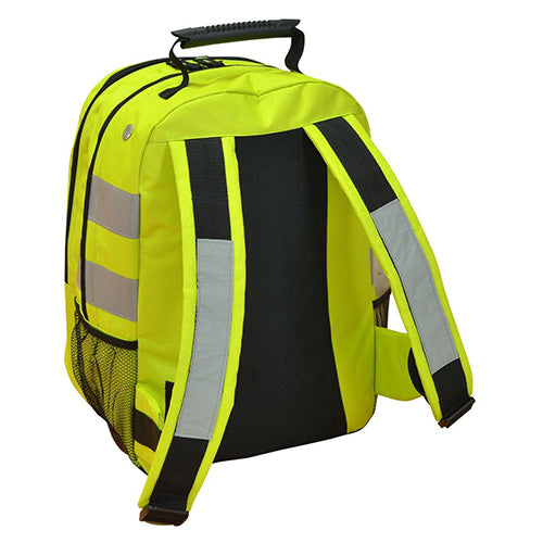 Hi Vis Backpack 35 Litres featuring reflective straps and grey stripes, designed with a large main compartment, multiple pockets, padded back, and adjustable straps for enhanced visibility and practicality.