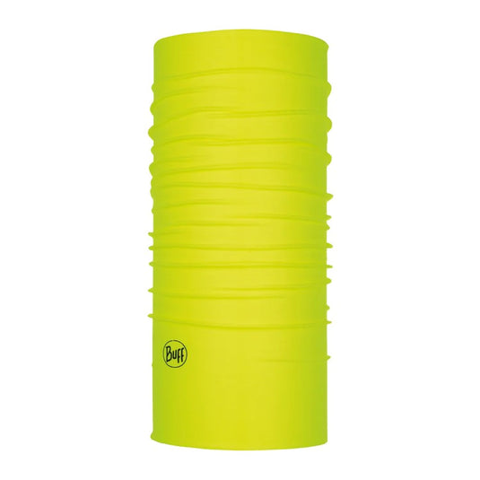 Coolnet P UV Buff: Fluro Yellow in a yellow tube, featuring the BUFF logo and a green lid, designed for versatile wear with UPF 50+ protection and made from recycled materials.