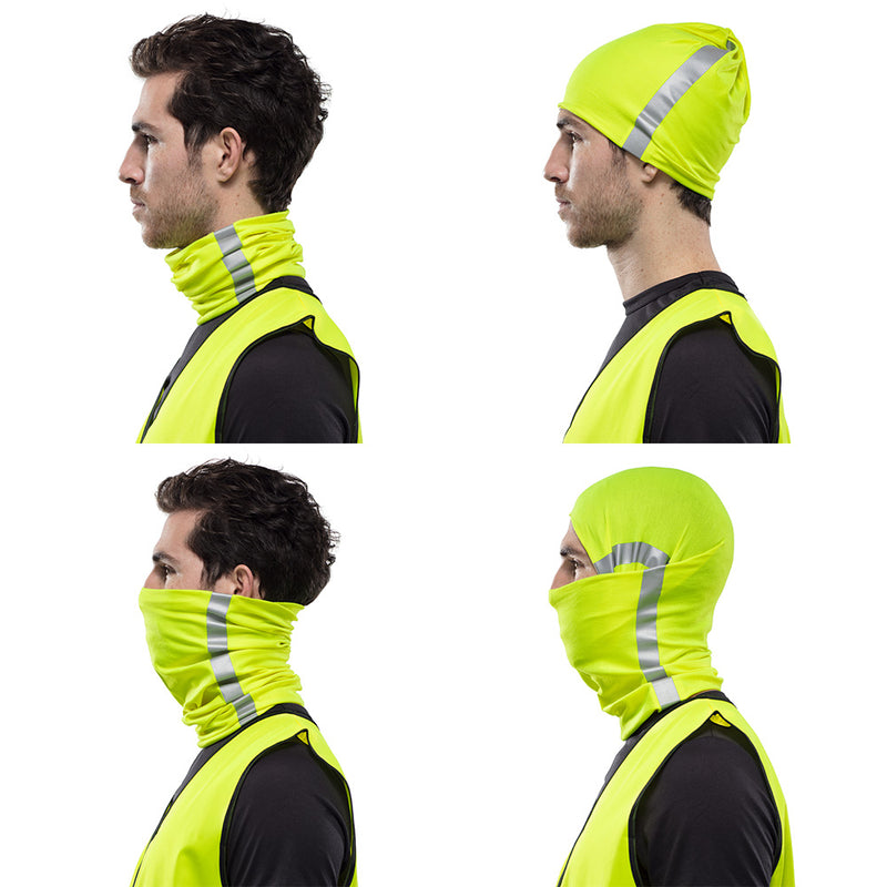 Load image into Gallery viewer, Original Buff: Reflective/Black multifunctional tubular, featuring 3M Scotchlite retro-reflective stripes, worn by a man. Designed for year-round protection, it offers UPF50 sun protection and quick-drying, seamless comfort.