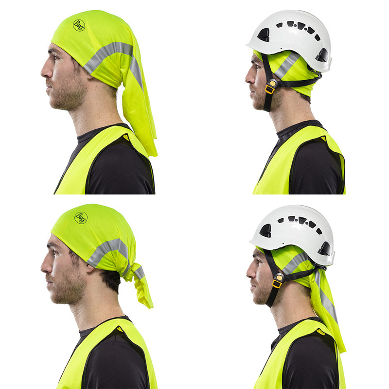 Load image into Gallery viewer, Original Buff: Reflective/Fluoro Yellow multifunctional tubular, worn by a man in safety gear, features 3M Scotchlite reflective stripes and offers UPF50 sun protection, ideal for safety and visibility.