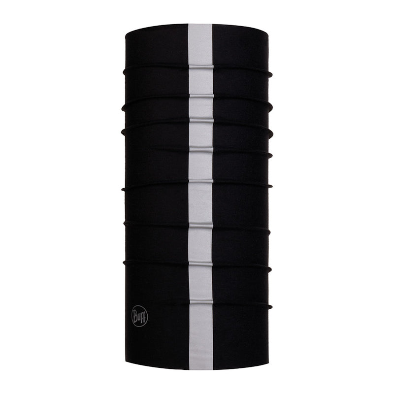 Load image into Gallery viewer, Original Buff: Reflective/Black, a seamless multifunctional tubular with white retro-reflective stripes, enhances visibility and provides sun protection. Ideal for safety and outdoor activities, it is crafted from recycled microfibre.