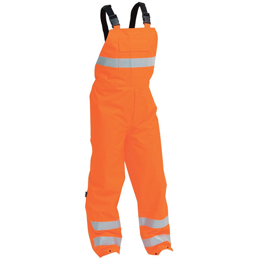 Bison Stamina Bib Overtrouser, showerproof with double UltraFlect reflective tape on legs, features a notebook pocket on chest, zipped leg gussets, and elastic shoulder straps for enhanced safety and functionality.