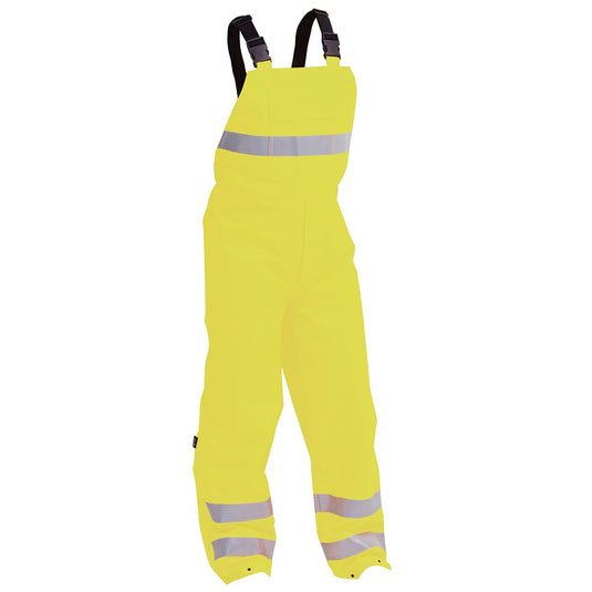 Bison Stamina Bib Overtrouser featuring reflective stripes, elastic shoulder straps, and zipped leg gussets, designed for safety and practicality in work environments. Ideal for professionals needing durable, protective workwear.
