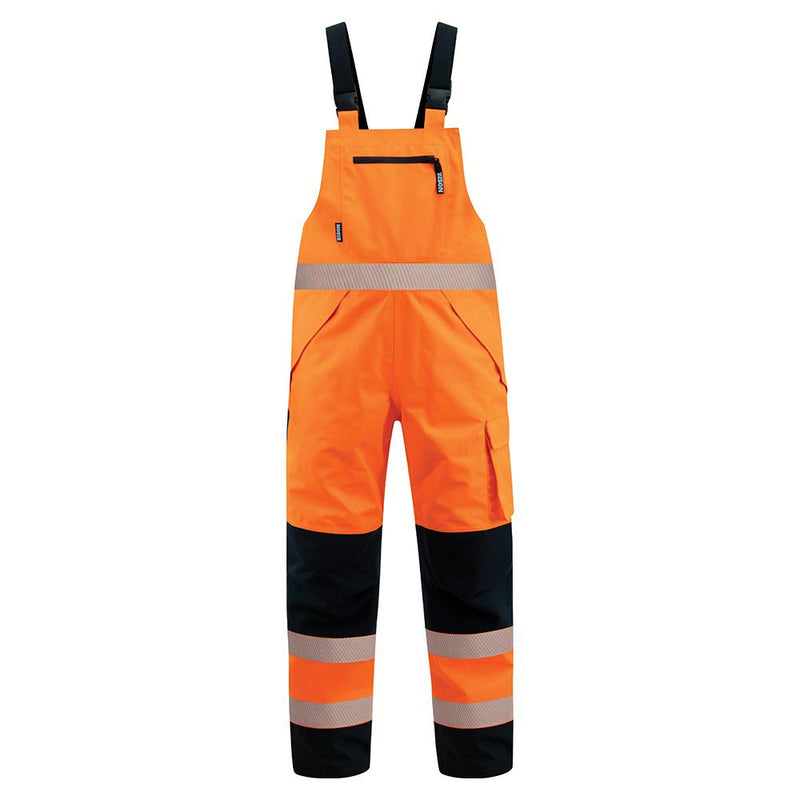 Load image into Gallery viewer, Bison Extreme Bib Overtrouser, Orange/Black: durable workwear designed for maximum waterproof protection, featuring adjustable straps, multiple pockets, and waterproof zippers, ideal for safety and work environments.