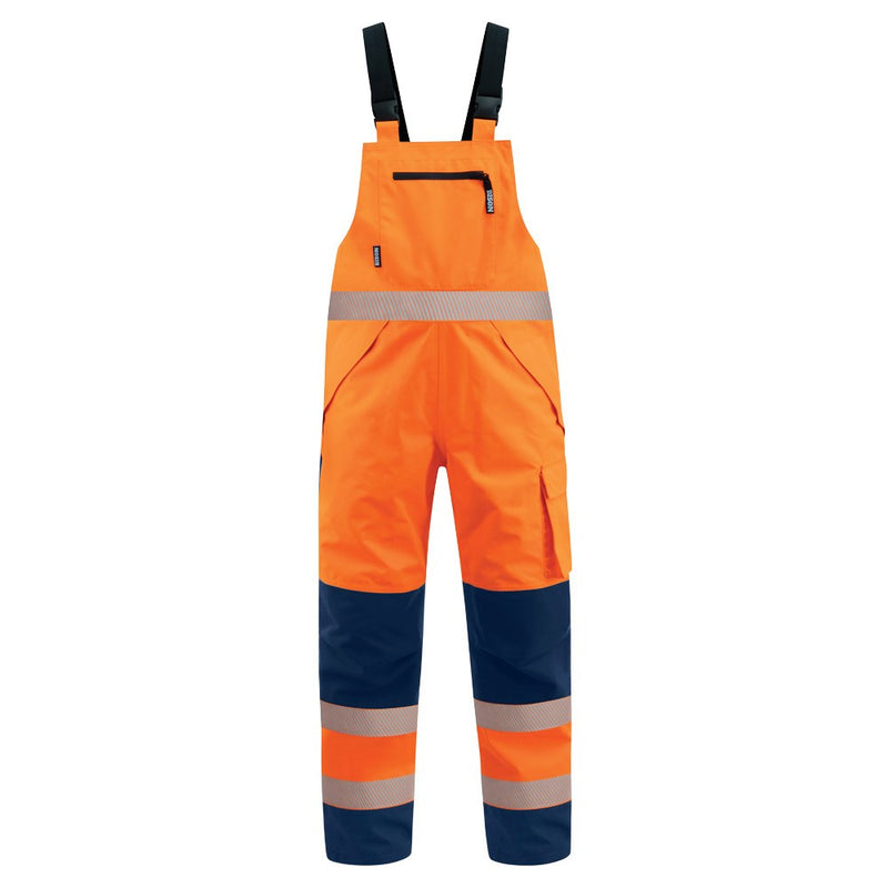 Load image into Gallery viewer, Bison Extreme Bib Overtrouser, Orange/Navy, features durable design with waterproof zips, Velcro waist adjusters, and multiple pockets, ideal for workplace safety and protection in harsh conditions.