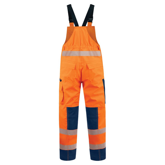 Bison Extreme Bib Overtrouser, Orange/Navy, features durable 450D fabric, waterproof zips, Velcro waist adjusters, elastic straps, and cargo pockets, ideal for high-performance safety and workwear needs.