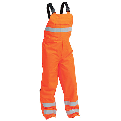 Bison Rigour Orange FR/Antistatic Bib Overtrousers feature reflective stripes, fire retardant material, and anti-static properties, ensuring safety and visibility. Ideal for workwear, it includes a chest pocket and comfort elastic straps.