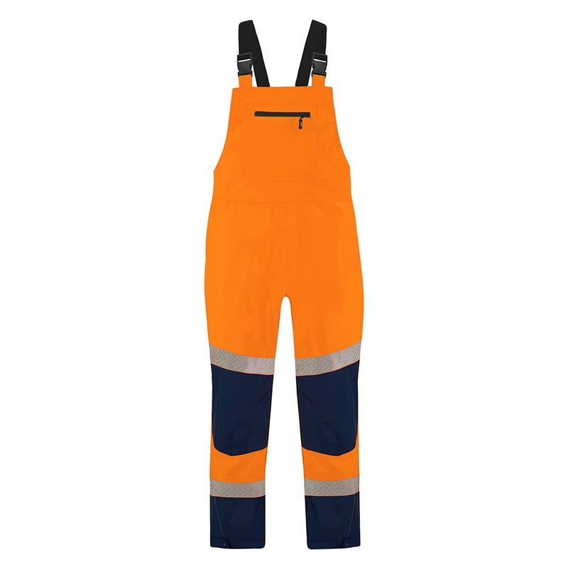 Load image into Gallery viewer, Bison Stamina Hi Vis Eco Bib Taped Trouser, Orange/Navy, showcases durable ripstop polyester with seam-sealed waterproofing, articulated knees, and reflective tape, embodying eco-friendly design and safety features, ideal for active safety environments.