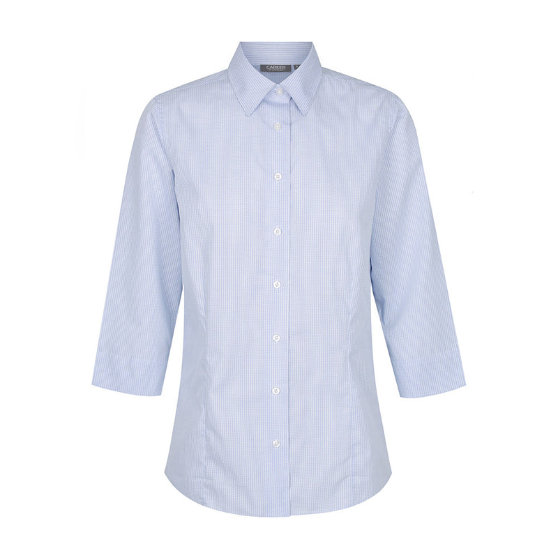 Load image into Gallery viewer, Guildford Women’s Square Textured 3/4 Shirt featuring blue and white stripes, a contemporary fit, classic collar, double fold front, and split cuff detail, ideal for professional or casual workplace settings.
