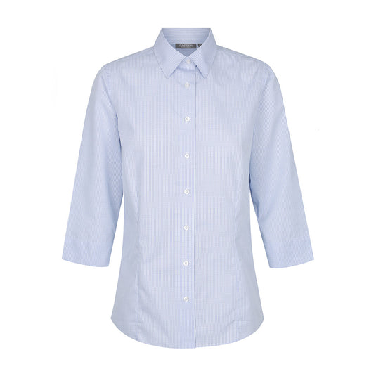 Guildford Women’s Square Textured 3/4 Shirt featuring blue and white stripes, a contemporary fit, classic collar, double fold front, and split cuff detail, ideal for professional or casual workplace settings.