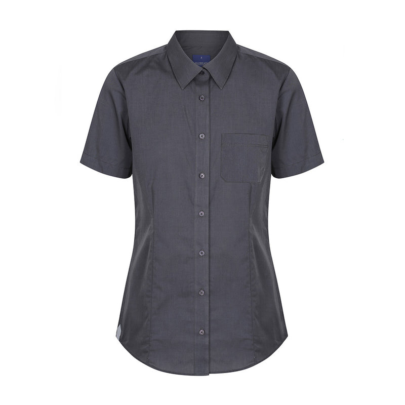 Load image into Gallery viewer, Smith End on End Short Sleeve Shirt featuring a classic collar, slim fit, front and back darts, left chest pocket, and contrast detailing on cuffs and seams, ideal for workplace settings.