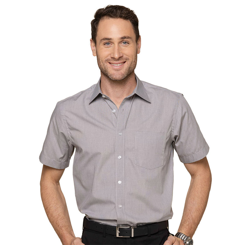 Load image into Gallery viewer, Windsor Puppy Tooth Short Sleeve Shirt featuring a contemporary fit, placket front, classic collar, and left chest pocket, worn by a smiling man, highlighting its professional yet casual design.
