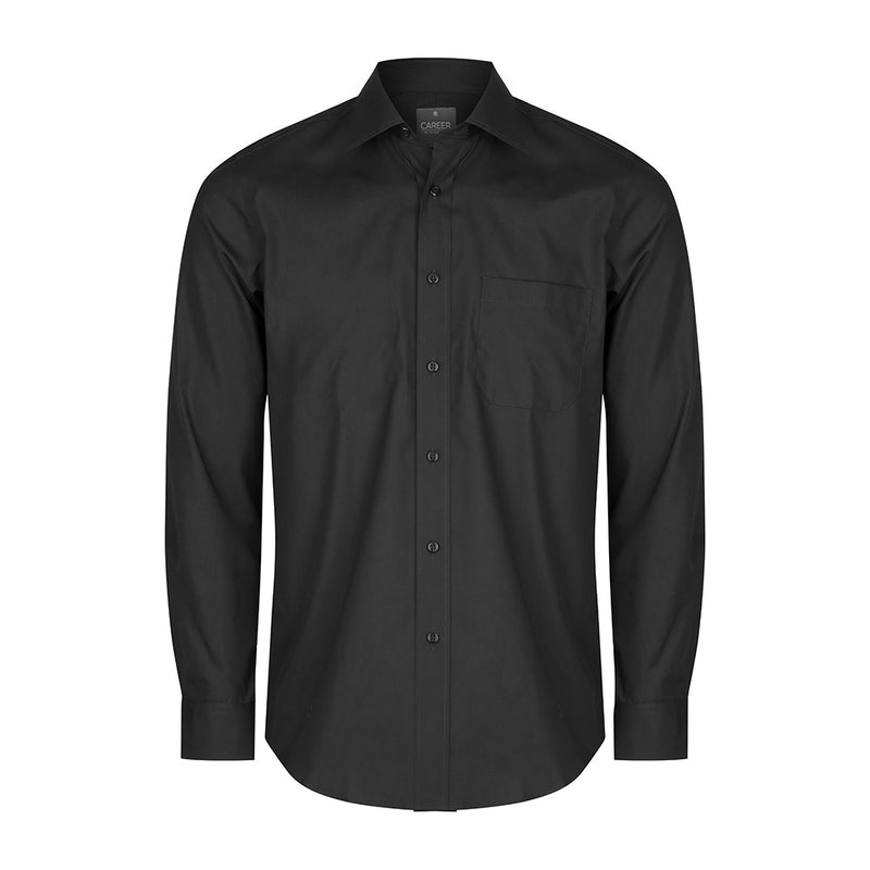 Load image into Gallery viewer, Nicholson Mens Premium Poplin Long Sleeve Shirt featuring a contemporary fit with a placket front, classic collar, convertible cuff, and a left chest pocket; ideal for workplace and safety attire.