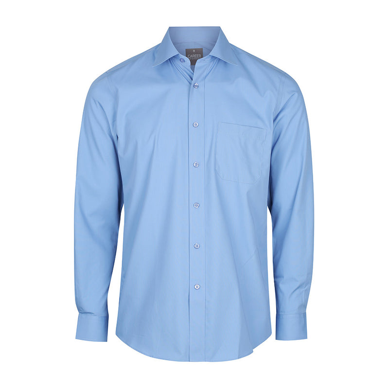 Load image into Gallery viewer, Nicholson Mens Premium Poplin Long Sleeve Shirt featuring a contemporary fit, placket front, classic collar, convertible cuff, and left chest pocket, ideal for professional and safety-focused environments.