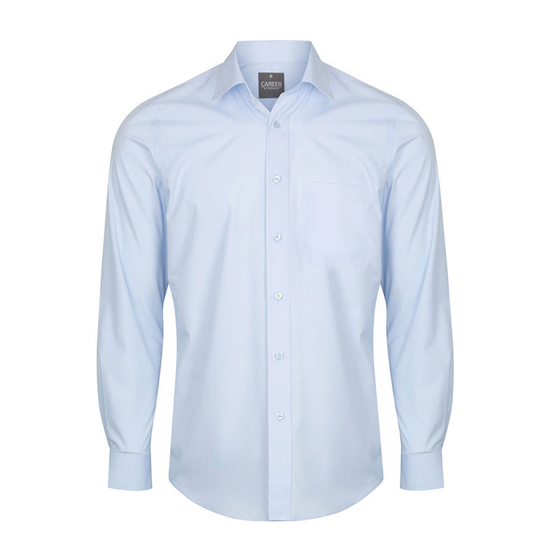 Load image into Gallery viewer, Nicholson Mens Premium Poplin Long Sleeve Shirt featuring a classic collar, placket front, convertible cuffs, and a left chest pocket. Ideal for workplace settings, balancing style with functionality.