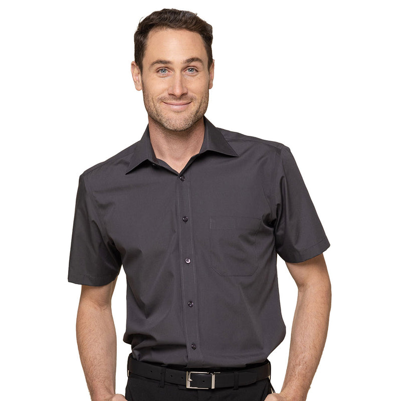 Load image into Gallery viewer, Nicholson Premium Poplin Short Sleeve Shirt featuring a contemporary fit, classic collar, and left chest pocket, worn by a smiling man. Ideal for workplace attire from Active Safety's collection.