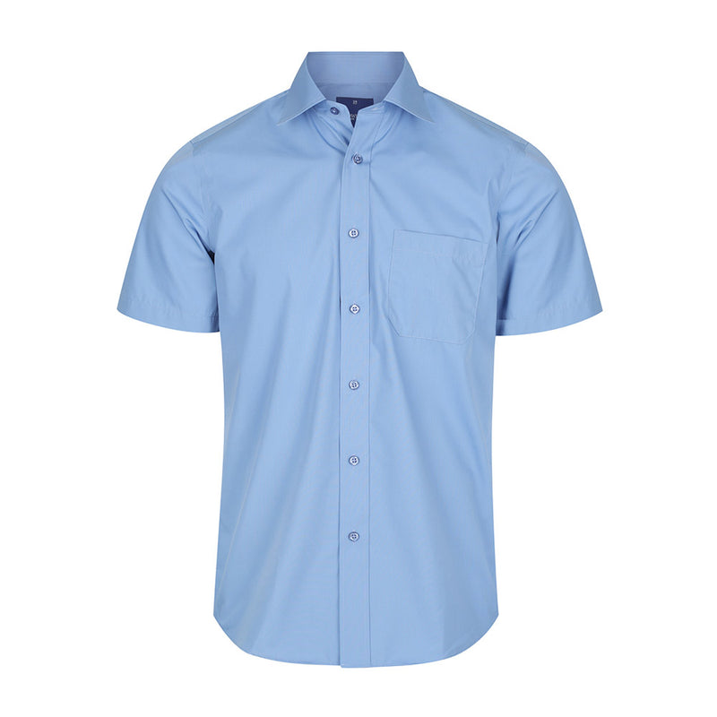 Load image into Gallery viewer, Nicholson Premium Poplin Short Sleeve Shirt featuring a contemporary fit, placket front, classic collar, and a left chest pocket. Ideal for workplace uniforms, ensuring comfort and style in professional settings.
