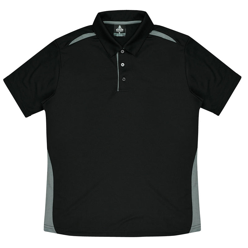 Load image into Gallery viewer, Paterson Mens Short Sleeve Polo featuring a black design with grey stripes, self fabric collar, and three-button placket, ideal for activewear and workplace uniforms from Active Safety.