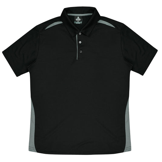 Paterson Mens Short Sleeve Polo featuring a black design with grey stripes, self fabric collar, and three-button placket, ideal for activewear and workplace uniforms from Active Safety.