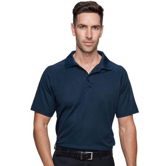 Keira Mens Short Sleeve Polo featuring a moisture-wicking cottonback pique knit, raglan sleeves, a knitted collar, and a three-button placket. Ideal for active and safety-focused work environments.