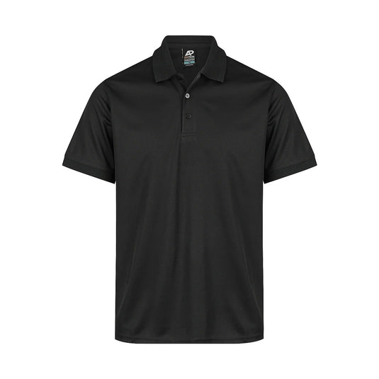 Lachlan Mens Short Sleeve Polo, featuring a black knitted collar and cuff, made from lightweight 100% Driwear Polyester with honeycomb knit, perfect for activewear. Includes a loose pocket for convenience.