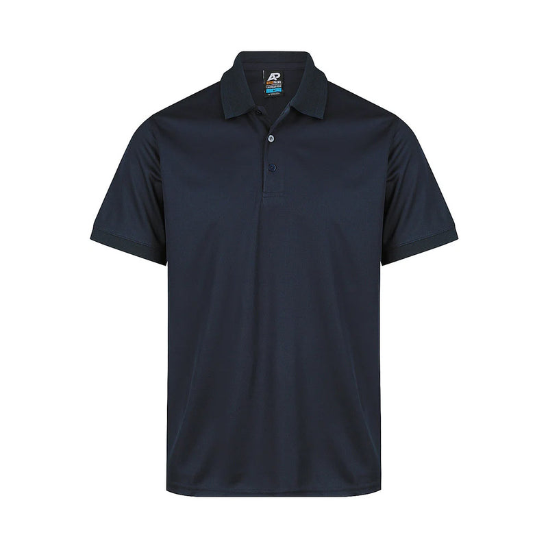 Load image into Gallery viewer, Lachlan Mens Short Sleeve Polo featuring a black knitted collar and cuff with a logo, crafted from 60gm Driwear polyester honeycomb knit, noted for its easy-care fabric and loose pocket inclusion.