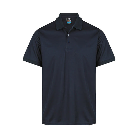 Lachlan Mens Short Sleeve Polo featuring a black knitted collar and cuff with a logo, crafted from 60gm Driwear polyester honeycomb knit, noted for its easy-care fabric and loose pocket inclusion.