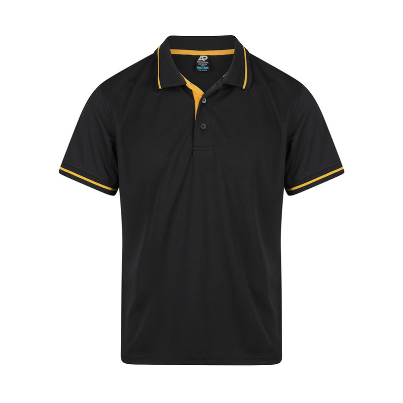 Load image into Gallery viewer, Cottesloe Mens Polo Shirt featuring a black design with yellow trim, showcasing a jacquard knitted collar and cuff. Ideal for smart casual, corporate, or school uniform use, promoting comfort and breathability.