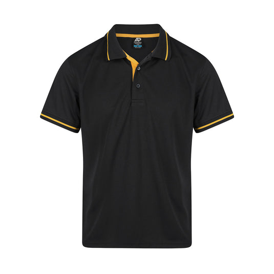Cottesloe Mens Polo Shirt featuring a black design with yellow trim, showcasing a jacquard knitted collar and cuff. Ideal for smart casual, corporate, or school uniform use, promoting comfort and breathability.