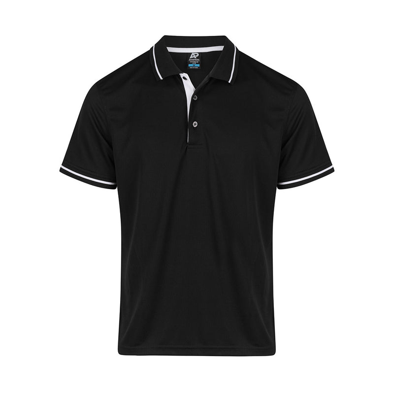 Load image into Gallery viewer, Cottesloe Mens Polo Shirt featuring a black design with white trim, jacquard knitted collar, and cuff. Ideal for smart casual or corporate settings, crafted from lightweight, breathable fabric for enhanced comfort.