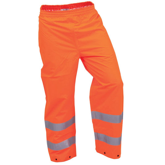Bison Stamina Taped Rain Trousers featuring a comfort-fit elastic waist, double UltraFlect reflective tape for enhanced visibility, and zip with press stud leg adjustments, ideal for safety and durability in work environments.