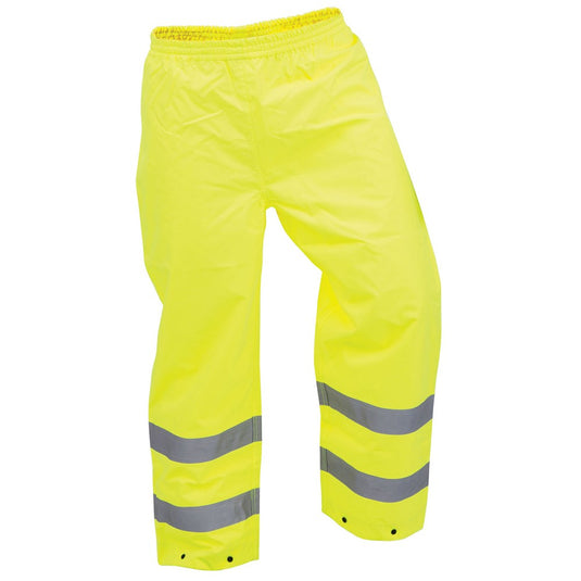 Bison Stamina Taped Rain Trousers featuring reflective stripes, elastic waist, and reinforced seams for durability; ideal for enhanced visibility and protection in active safety environments.