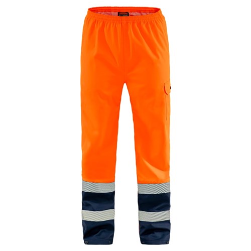 Bison Extreme Rain Overtrouser with Segmented Tape, Orange/Navy, featuring reflective stripes, elastic waist, zipped gussets, and cargo pocket, ideal for safety and protection in wet conditions.
