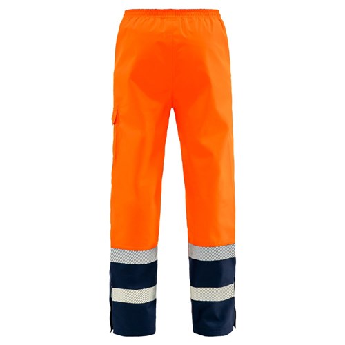 Bison Extreme Rain Overtrouser with Segmented Tape, Orange/Navy, featuring reflective stripes and cargo pocket, designed for safety and durability with waterproof, breathable fabric and elasticated waist. Ideal for workplace protection.