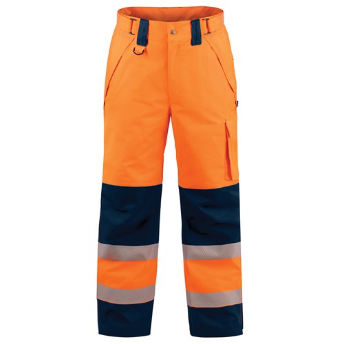 Bison Extreme Rain Trouser, Orange/Navy, featuring reflective stripes, waterproof zips, and cargo pockets. Designed with durable Stratatek fabric and adjustable waistband, suitable for safety and work environments.