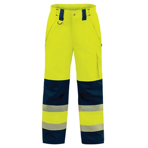 Bison Extreme Rain Trouser, Yellow/Navy, features reflective stripes, waterproof zips, and cargo pockets, ideal for safety and comfort in wet conditions. Perfect for active work environments.