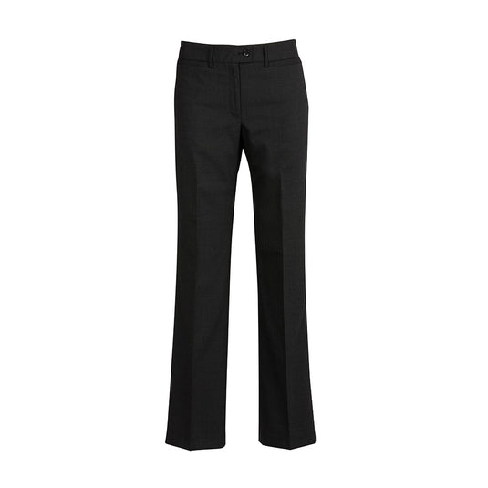 Biz Womens Comfort Wool Stretch Relaxed Pant featuring a straight leg design, mid-rise waist, waistband below the navel, with front horizontal pockets and a rear pocket, ideal for workplace comfort and durability.