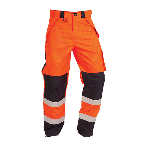 Load image into Gallery viewer, Bison Rigour Antistatic Rain Trousers featuring reinforced knees, zippered front pocket, and storm flap rear pocket, designed for safety with flame retardant fabric and reflective tape, ideal for rigorous work environments.