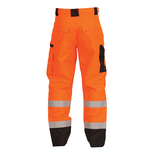 Bison Rigour Antistatic Rain Trousers with reflective stripes, featuring knee reinforcements, zippered front pocket, and storm-flapped rear pocket. Designed for durability and safety, ideal for workplace protection.