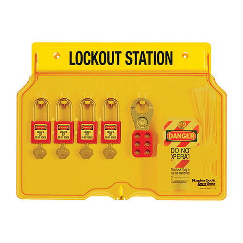 4-Lock Padlock Station (Incl. Accessories) showcasing a yellow lockout station with four red Zenex™ padlocks, safety hasps, and lockout tags, designed for enhanced safety and durability.