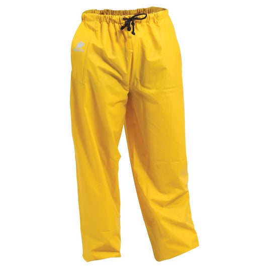 Bison Heavy Duty PVC Overtrousers (2UOTROU) featuring a durable design with an elastic waist, drawstring tie, and side entries for pocket access, ideal for safety and workplace environments.