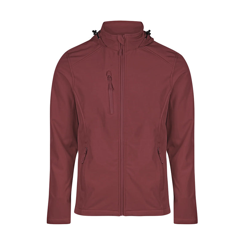 Load image into Gallery viewer, Olympus Mens Soft Shell Jacket showcasing zippers and a shaped back tail, designed for performance with a light water-repellent finish. Features include side and chest zip pockets and a concealed hood.