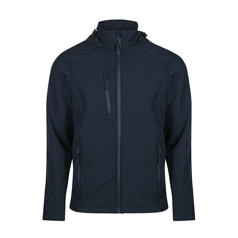 Load image into Gallery viewer, Olympus Men's Soft Shell Jacket with zippers, featuring a concealed hood and shaped back tail. Designed for performance with water-repellent, wind-resistant finish, and multiple zip pockets for practicality in active settings.