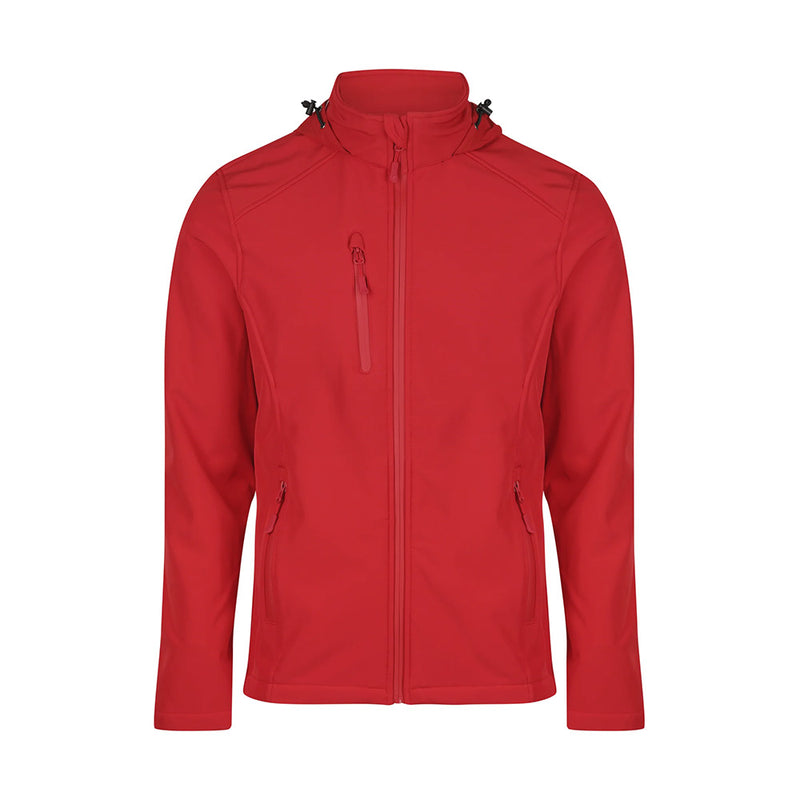Load image into Gallery viewer, Olympus Mens Soft Shell Jacket featuring zippers, two side pockets, and a chest pocket. Designed for performance, it includes a concealed hood and shaped back tail, ideal for safety-conscious environments.