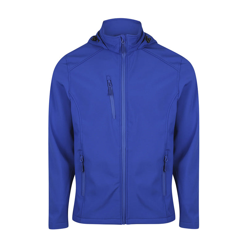 Load image into Gallery viewer, Olympus Mens Soft Shell Jacket featuring zippers, concealed hood, and shaped back tail. Designed with a water-repellent, wind-resistant finish, it includes two side zip pockets and one chest zip pocket.