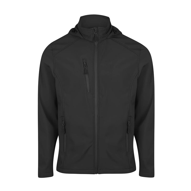 Load image into Gallery viewer, Olympus Mens Soft Shell Jacket featuring a sleek design with zippers, two side zip pockets, a chest zip pocket, and a concealed hood, ideal for safety and workwear.