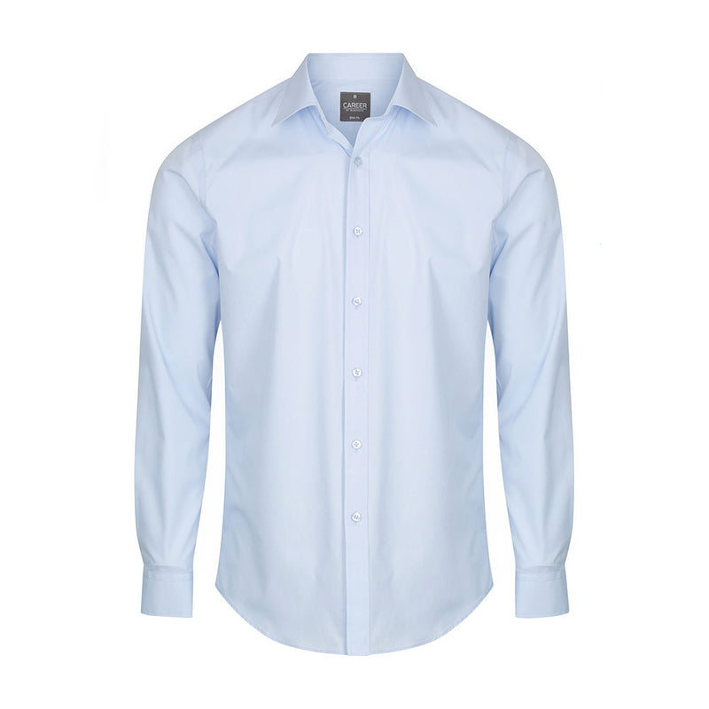 Load image into Gallery viewer, Nicholson Premium Poplin Long Sleeve Shirt, featuring a slim fit with a placket front, classic collar, and convertible cuff, showcased in a close-up highlighting its detailed button and fabric texture.