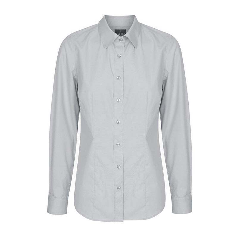 Load image into Gallery viewer, Nicholson Premium Poplin Long Sleeve Shirt featuring a classic collar, placket front, and adjustable cuffs. Designed with front and back darts and a hidden modesty button for a sleek, professional look.